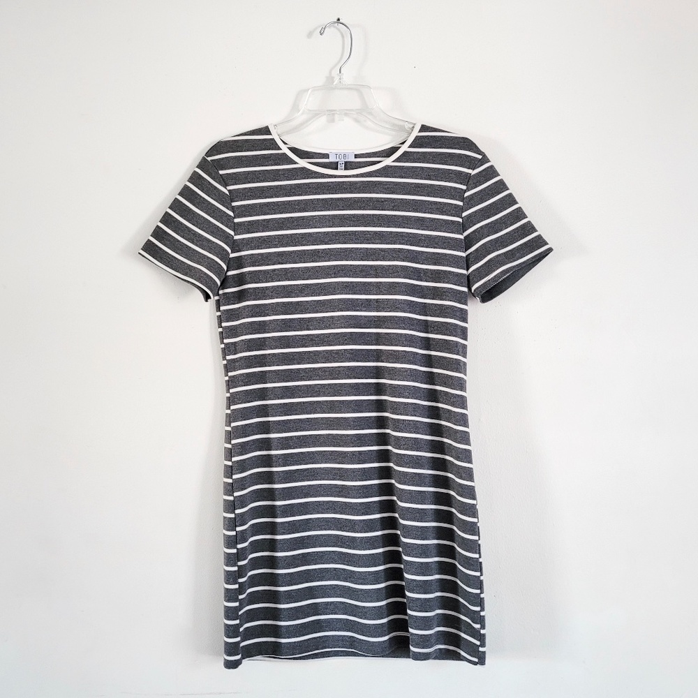 TOBI Gray & White Striped T Shirt Dress Ringer Short Sleeve Cotton Mini‎ // S - Picture 3 of 13